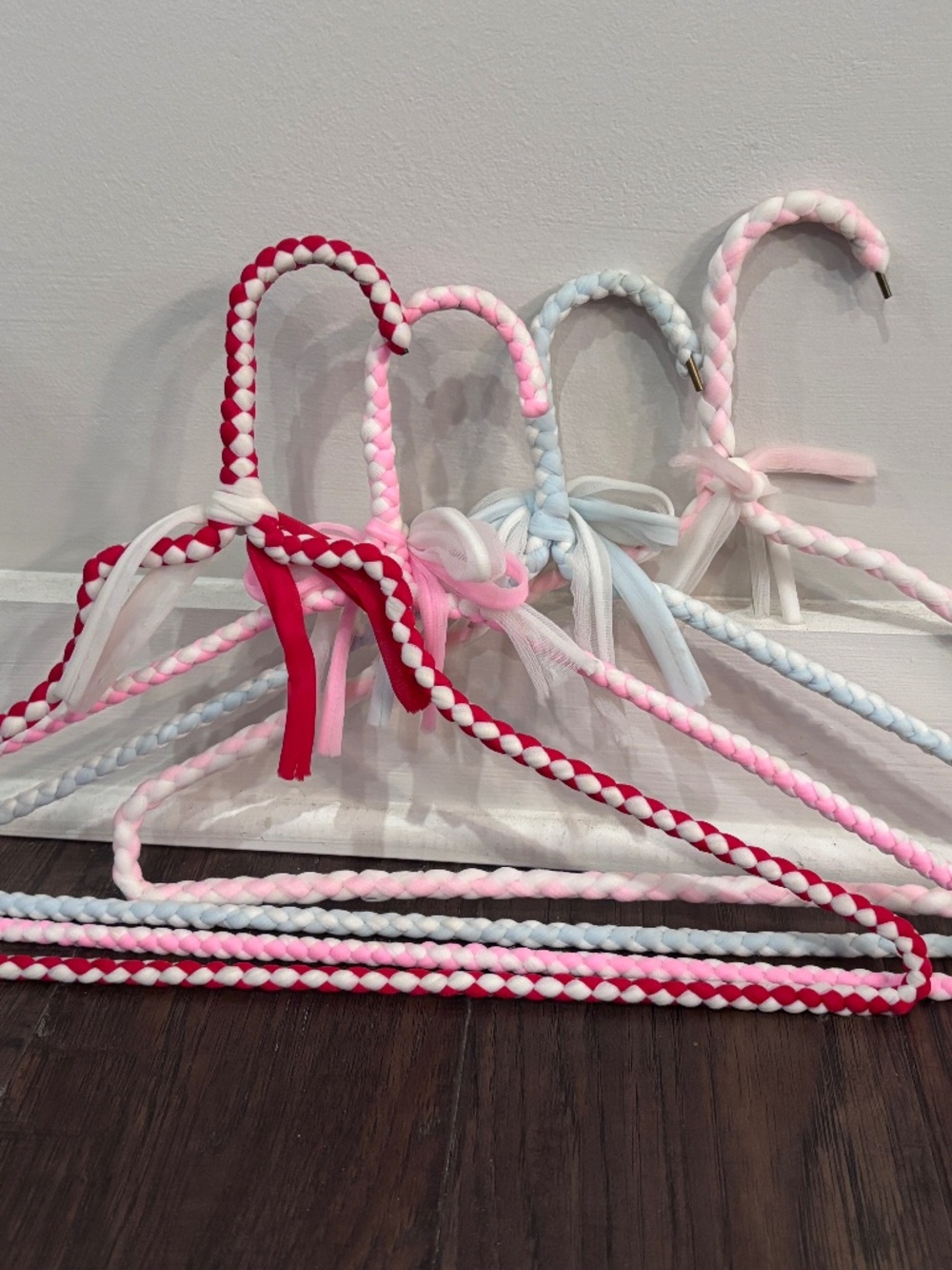 4 Ribbon Fabric Braided Hangers Vintage Blue Pink Red Closet Decor Grandmacore